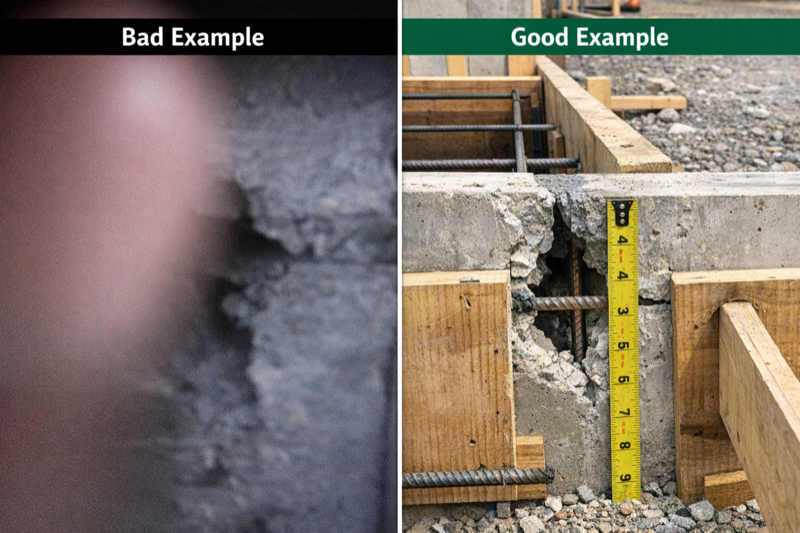 Comparison of poor vs proper construction photo documentation — a dark, blurry photo without context versus a well-lit, properly framed photo with scale reference