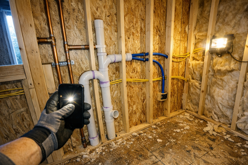A construction worker documenting exposed plumbing and electrical installations with a smartphone before walls are closed