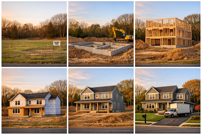 Construction timelapse progression showing a building at six different stages, from foundation to finished structure